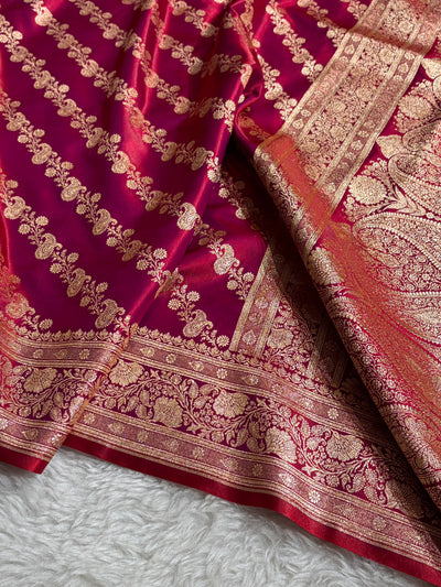 Banarasi Magentic Red Shades Cross Pattern Banarasi Satin Silk Saree SS51