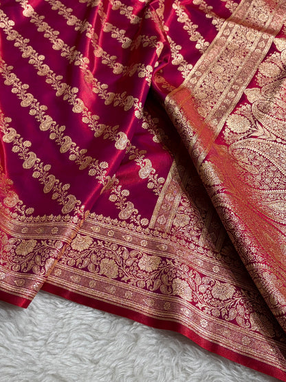 Banarasi Magentic Red Shades Cross Pattern Banarasi Satin Silk Saree SS51
