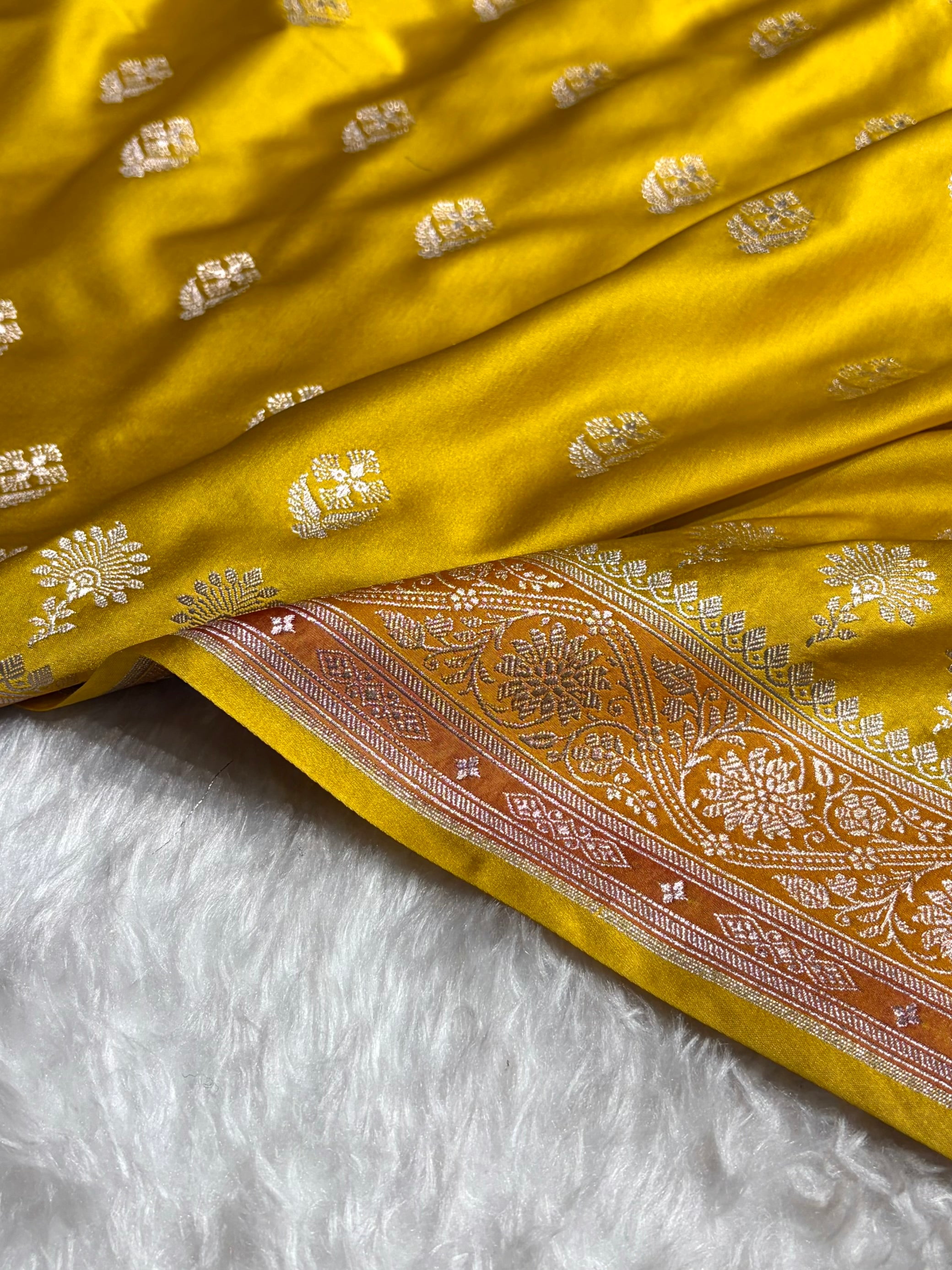 Mustard Shades Banarasi Minakari Floral Border Boota Mashru Silk Saree MS66