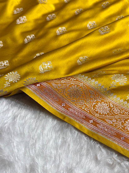Mustard Shades Banarasi Minakari Floral Border Boota Mashru Silk Saree MS66