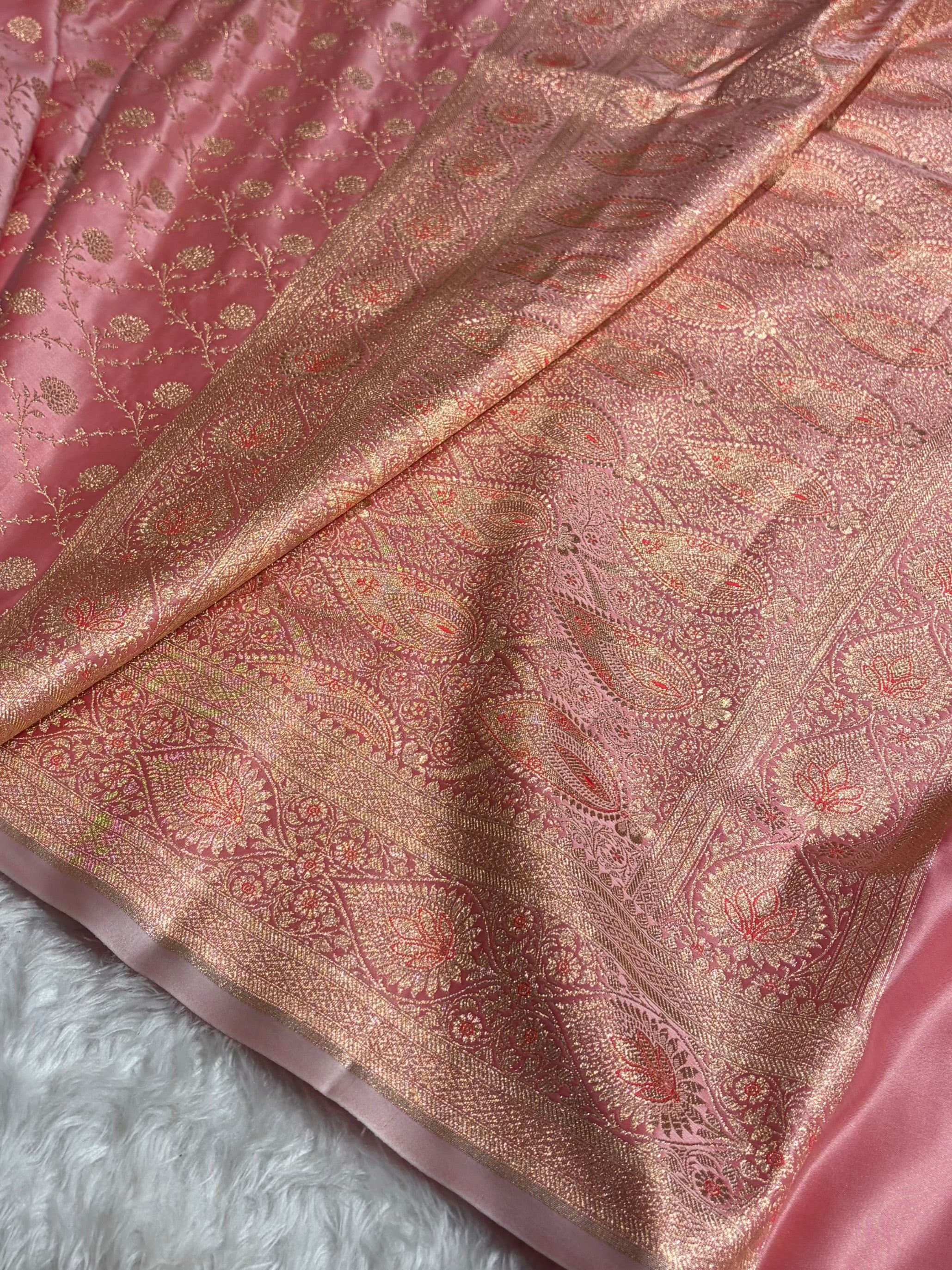 Banarasi Satin Katan Saree Booti Pattern in Baby Pink Shades with Sea Green Edges SK05