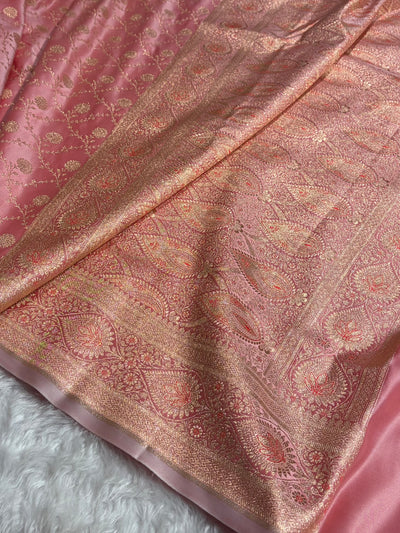 Banarasi Satin Katan Saree Booti Pattern in Baby Pink Shades with Sea Green Edges SK05