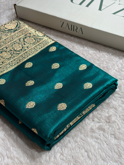 Dark Rama Shades Boota Pattern Banarasi Satin Silk Saree SS45