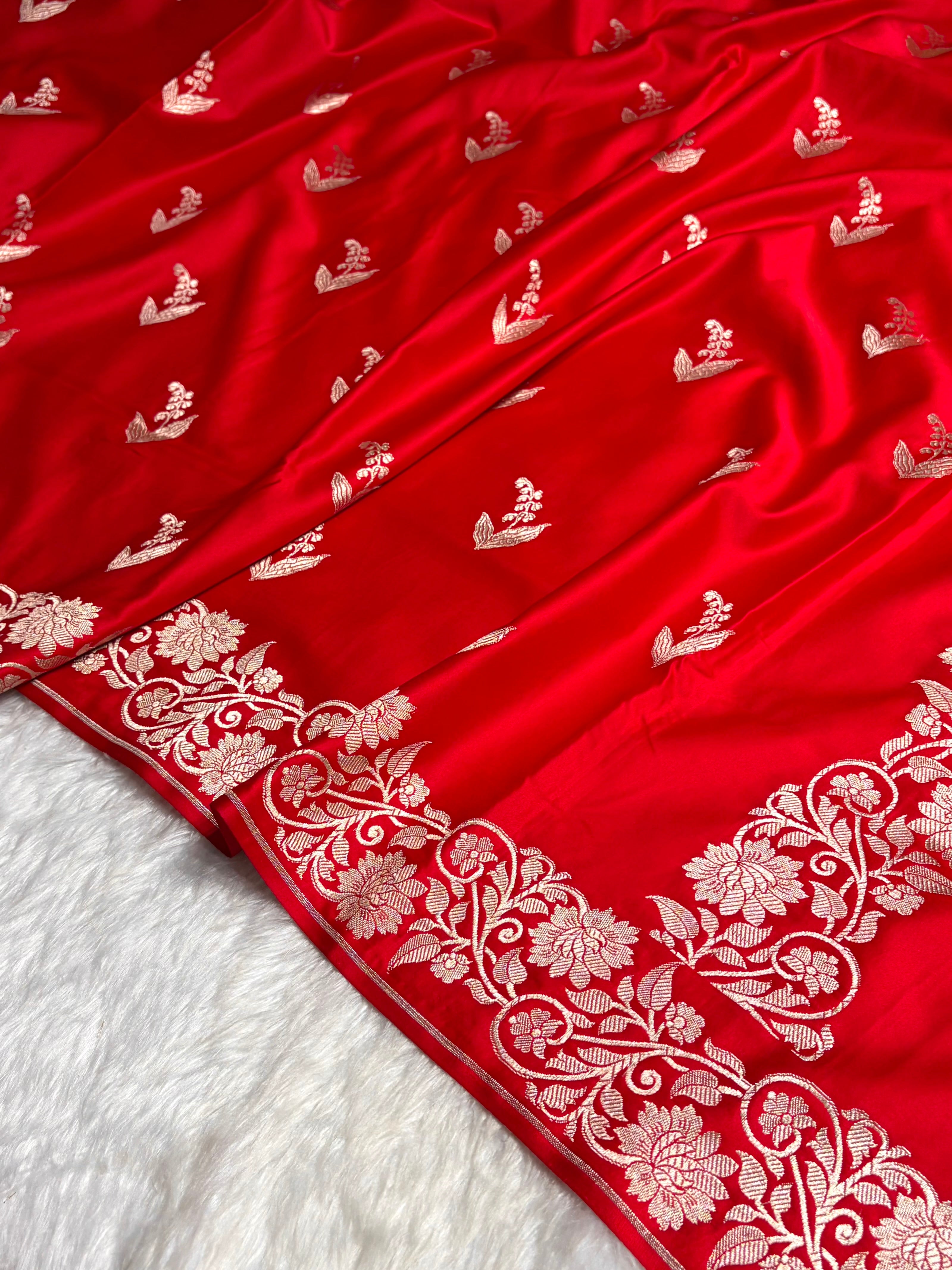Red Boota With Floral Border Mashru Silk Saree MSM-90