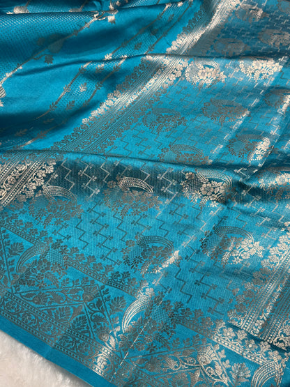 Dusty Blue Shades Floral Strip Booti Pure Caramel Mango Silk Saree