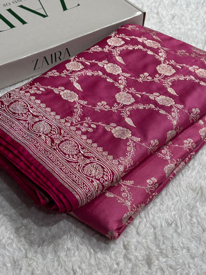 Contrast Baby Pink Shades Floral Jaal Pattern Mashru Silk Saree MS76