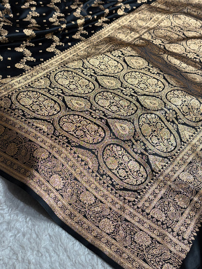 Banarasi Satin Katan Saree With Jaal Pattern in Black Shades SK121