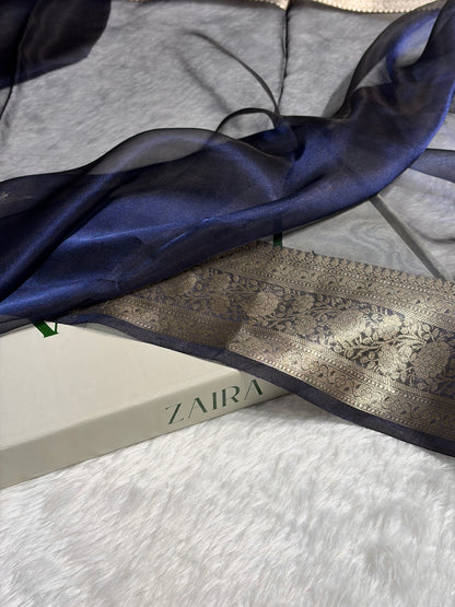 Navy Blue Shades Pure Tissue Silk Saree with Brocade Blouse PT-08