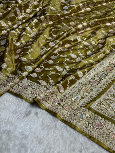 Olive Green Shades In Banarasi Minakari Jaal Mashru Silk Saree MCS42