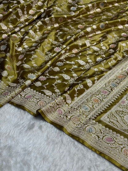 Olive Green Shades In Banarasi Minakari Jaal Mashru Silk Saree MS42