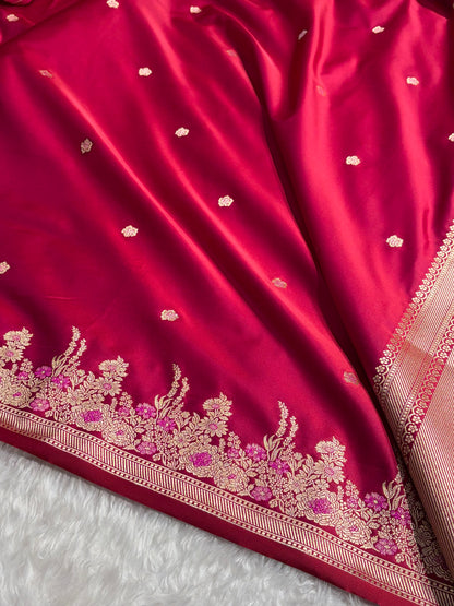 Banarasi Satin Katan Saree Booti Minakari Pattern in Cross Red Shades SK136