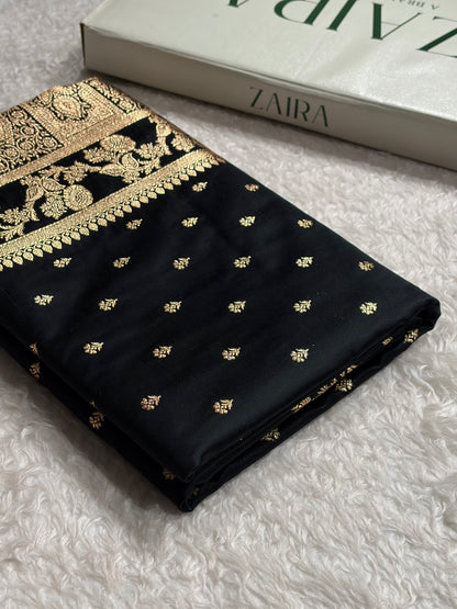 Black Floral Pattern Satin Katan Silk Saree SK77