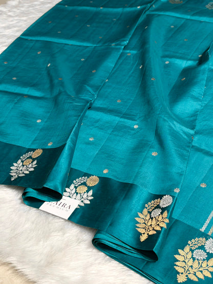 Peacock Blue Shade Handwoven Kaduwa Pure Katan Raw Mango Silk RM-05
