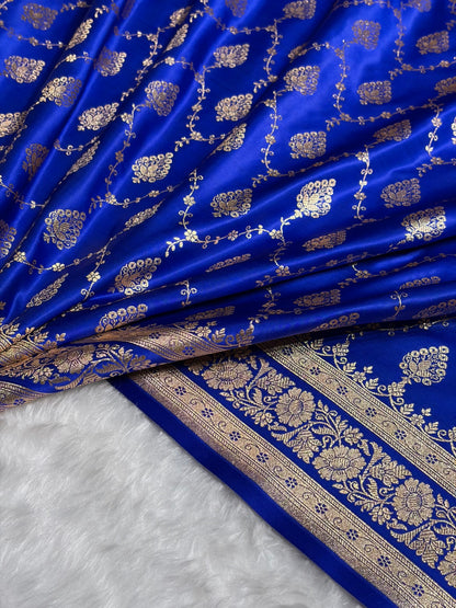 Royal Blue Floral Jaal Pattern Satin Katan Silk saree SK42