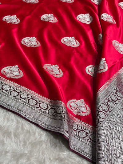 Contrast Red With Wine Minakari Boota Mashru Silk Saree MCS35