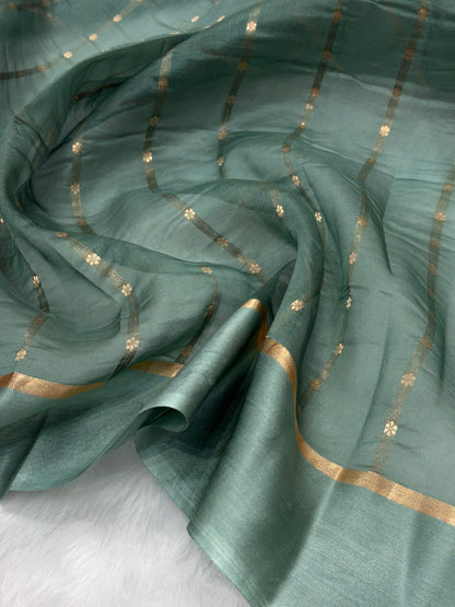 Pure Organza With Raw Mango Border Mouse Gray Shades Banarasi Silk Saree PO-03