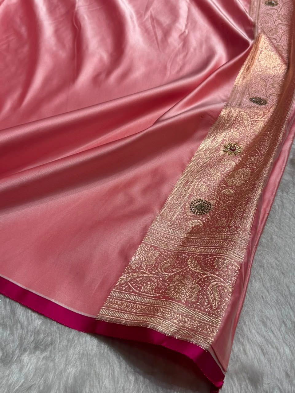 Banarasi Satin Katan Silk Saree With Ari Zardozi And Swarovski Work In Baby Pink Shades BSK08