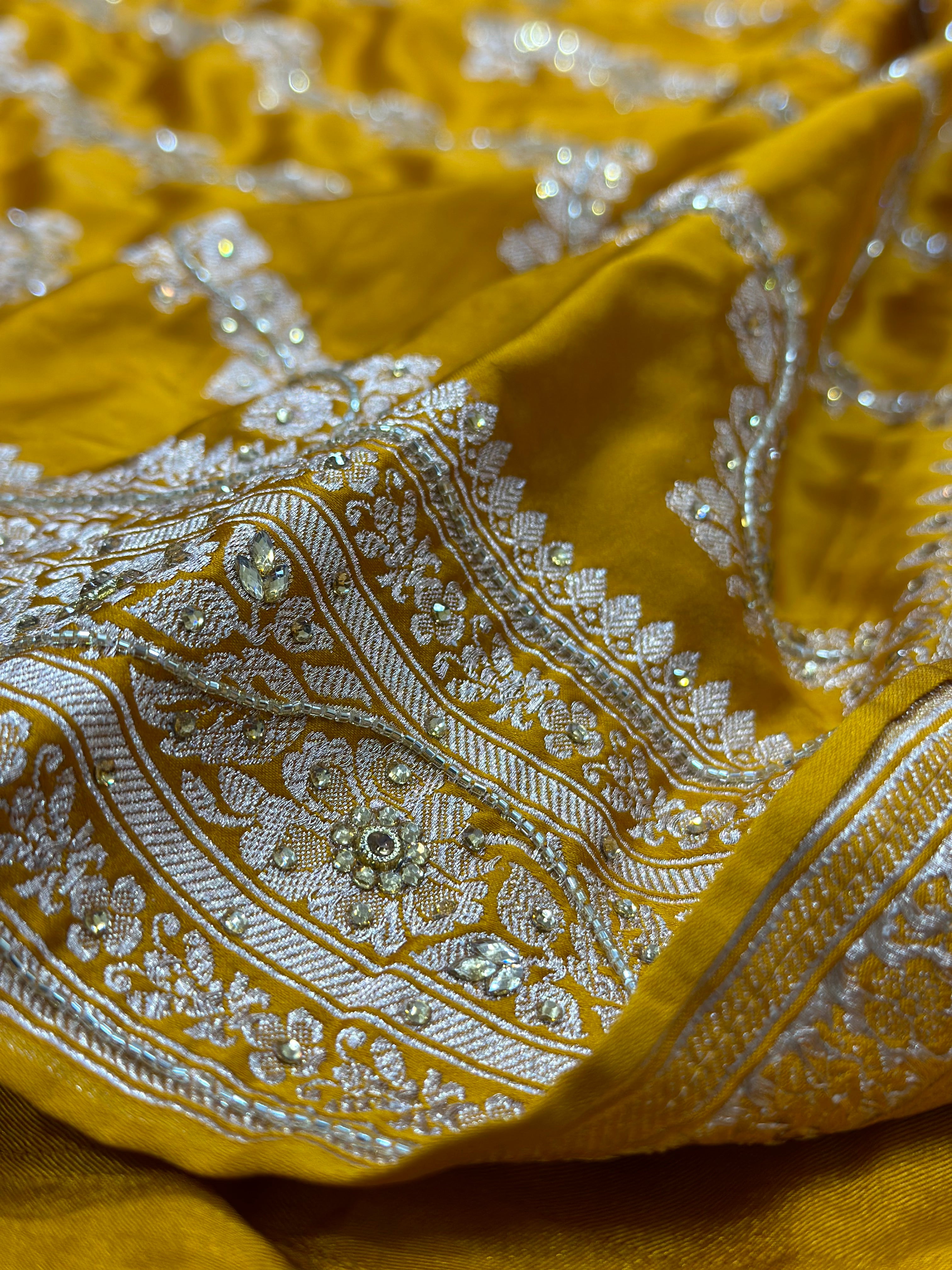 Mustard Mashru SilknSaree with Ari and stone Work