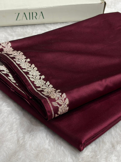 Banarasi Chocolate With Floral Border Plain Mashru Silk Saree MCS80