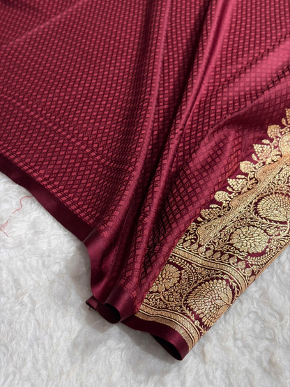 Banarasi Satin Katan Saree With Jaal Pattern in Chocolate Shades SK123