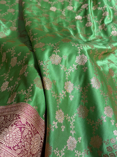 Banarasi Satin Katan Saree in Contrast Light Green / Rani Shades SK132