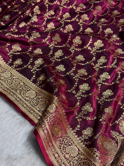 Satin Silk Saree Banarasi Swarovski Work Jaal in Wine Shades  BSS23 (R)
