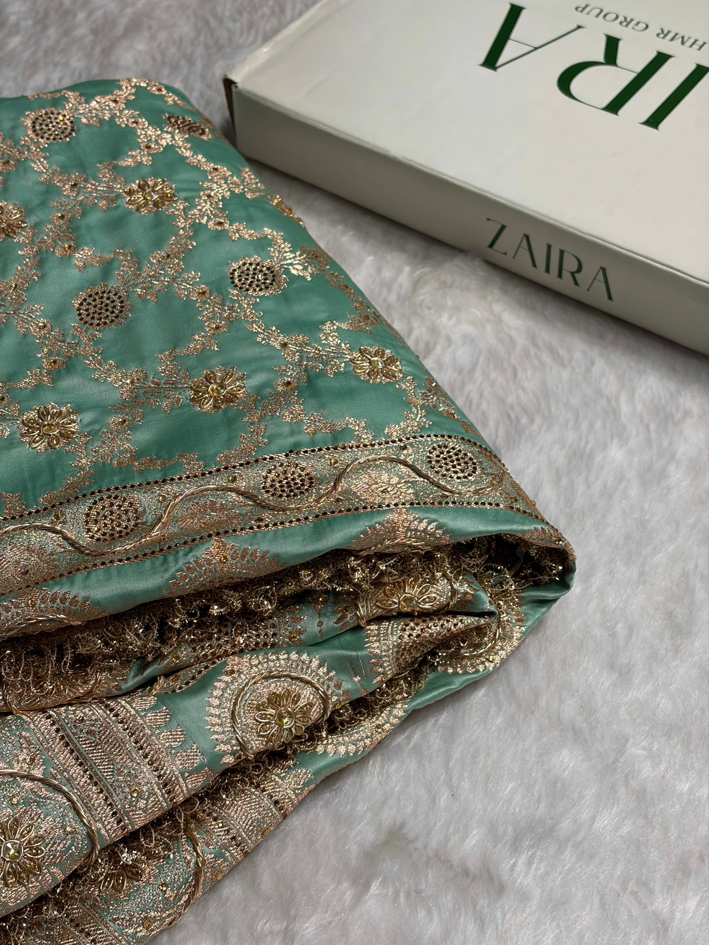 Sea Green Swavroski & Zardozi Work With Gotta Patti Jaal Pattern Satin Katan Silk Saree BSKGP25