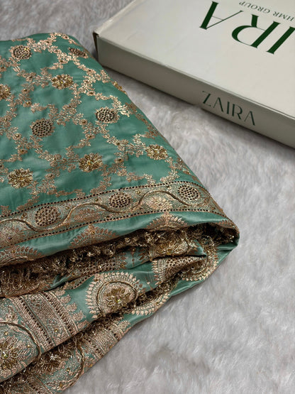 Sea Green Swavroski & Zardozi Work With Gotta Patti Jaal Pattern Satin Katan Silk Saree BSKGP25