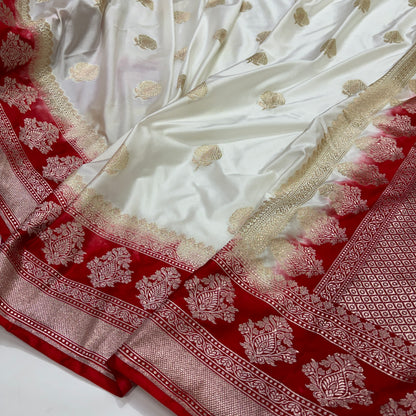 White - Red Border Banarasi Boota Mashru Silk Saree