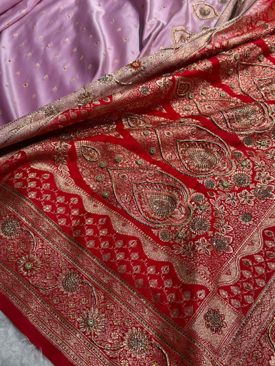 Lavender Red Contrast Booti With Ari & Zardozi Work Satin Katan Silk saree BSK29