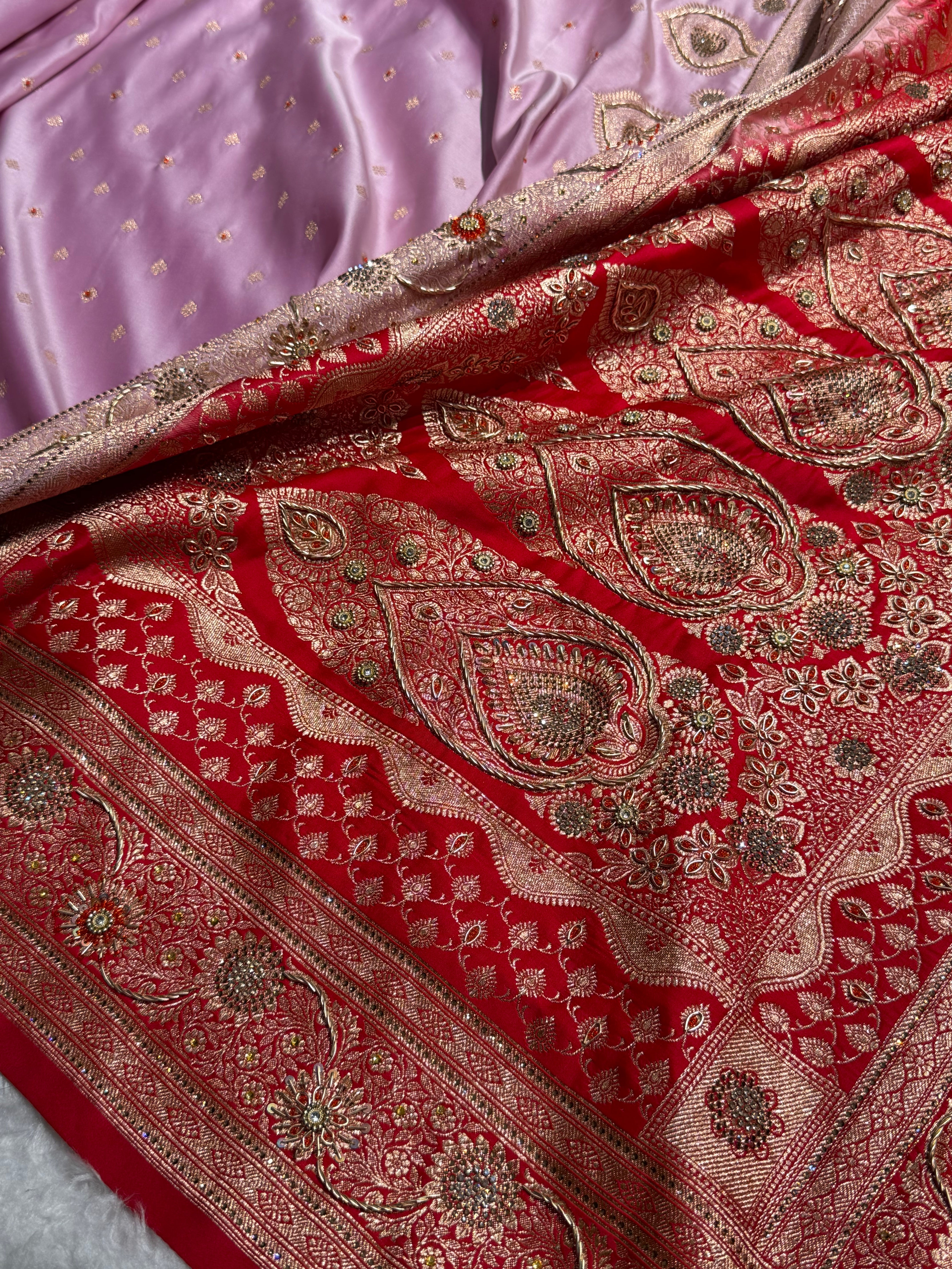 Lavender Red Contrast Booti With Ari & Zardozi Work Satin Katan Silk saree BSK29