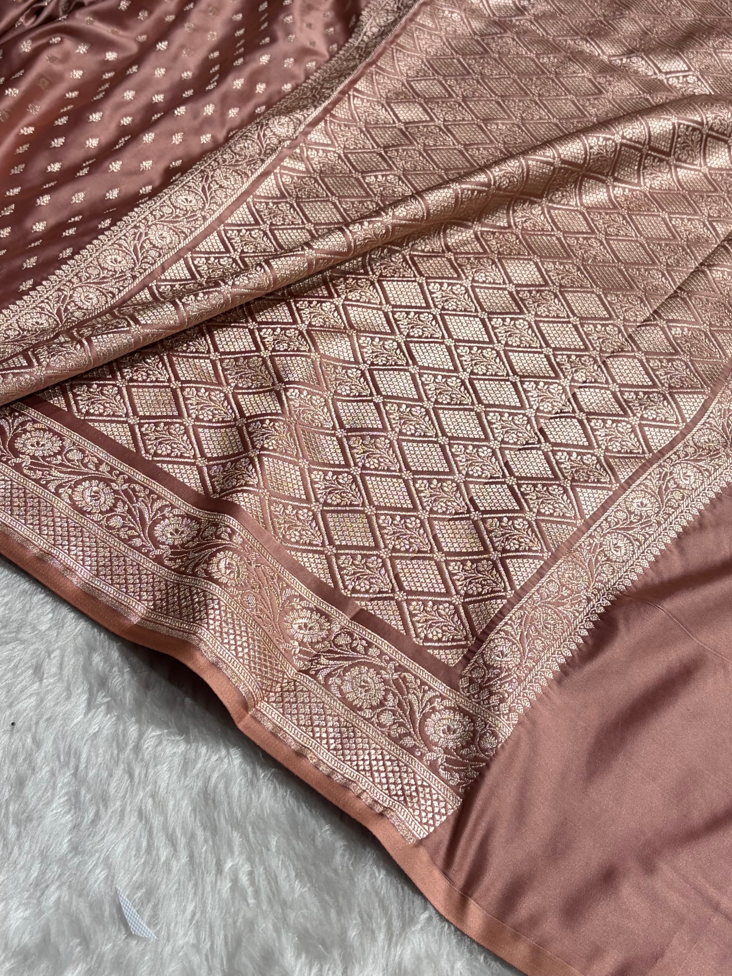 Dusty Peach Shades Banarasi With Floral Border Mashru Silk Saree MSM-127
