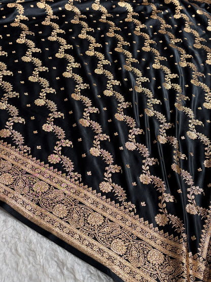 Banarasi Satin Katan Saree With Jaal Pattern in Black Shades SK121
