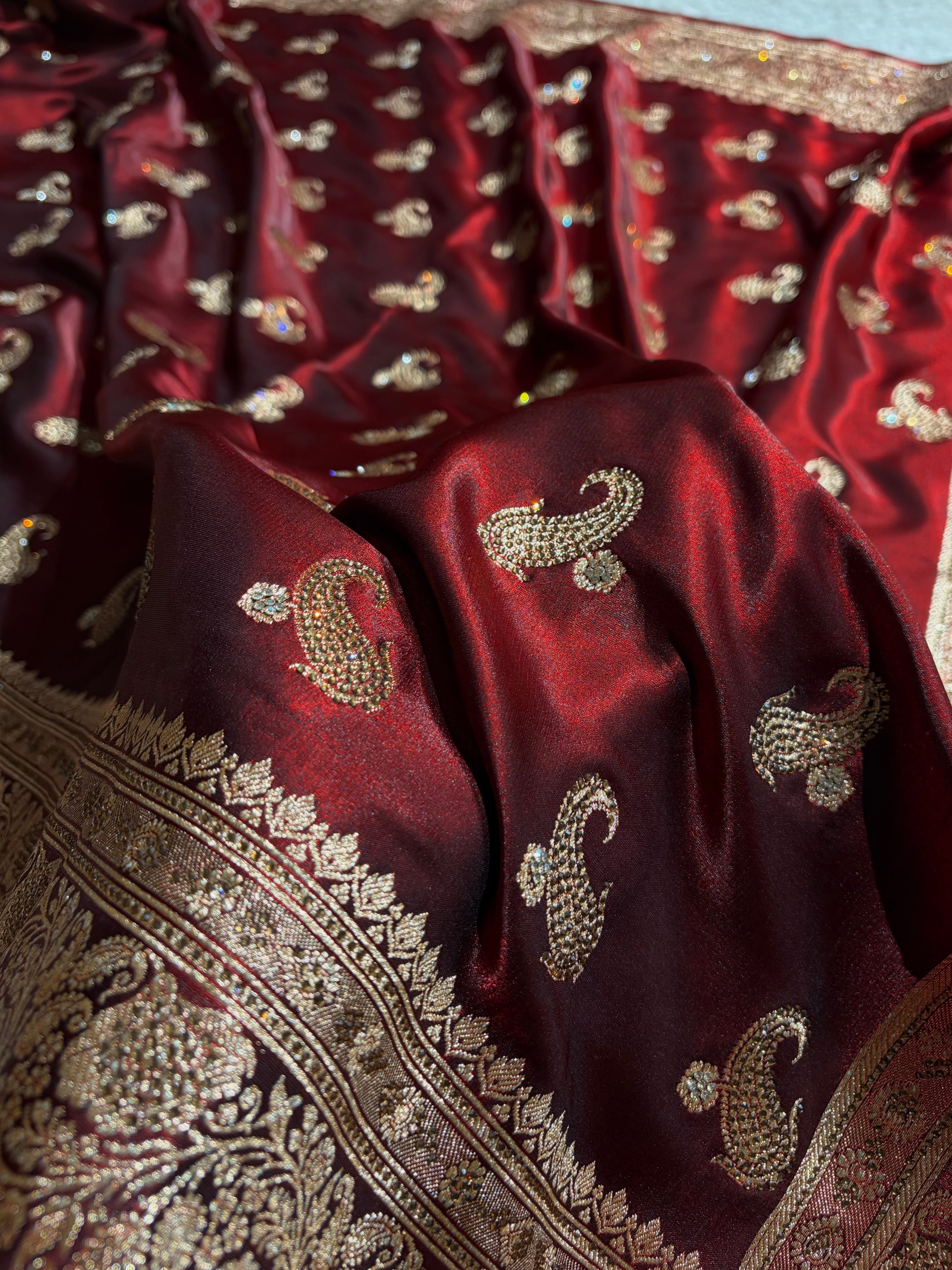 Satin Silk Saree Tredition Banarasi Swarovski Work Floral Boota in Maroon Shades BSS27