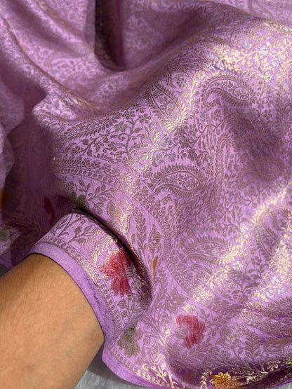 Banarasi Lavender Shade Flower Minakari Brocade Pure Caramel Mango Silk Saree CS-20