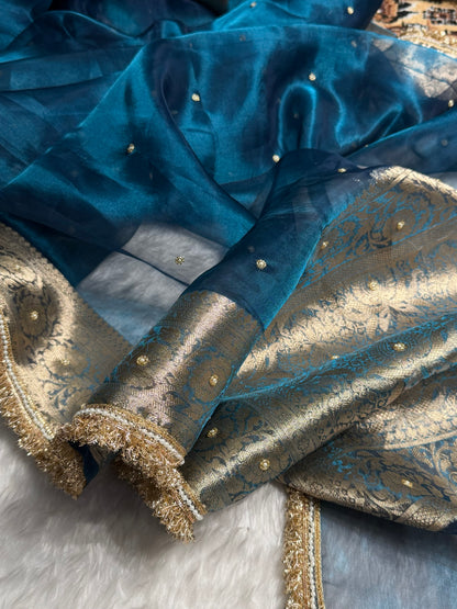 German Blue Shade Pure Tissue Silk Saree with Gota Patti PTGP-17