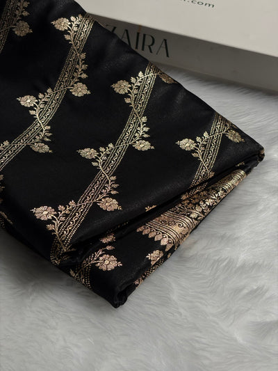 Black Shades Cross Pattern Banarasi Satin Silk Saree SS50
