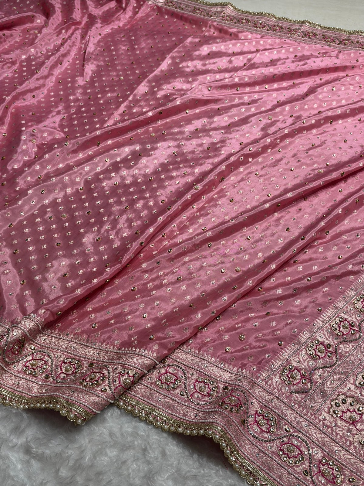 Blush Pink Shades Border Crepe Silky Katan With Ari Zardozi & Gotta Patti Work  Banarasi Saree BCSKGP-04