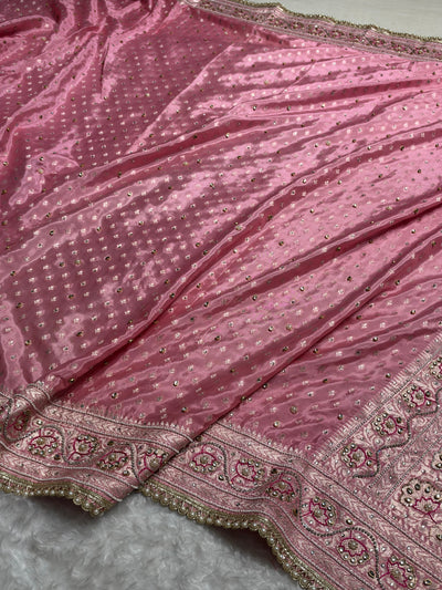 Blush Pink Shades Border Crepe Silky Katan With Ari Zardozi & Gotta Patti Work  Banarasi Saree BCSKGP-04