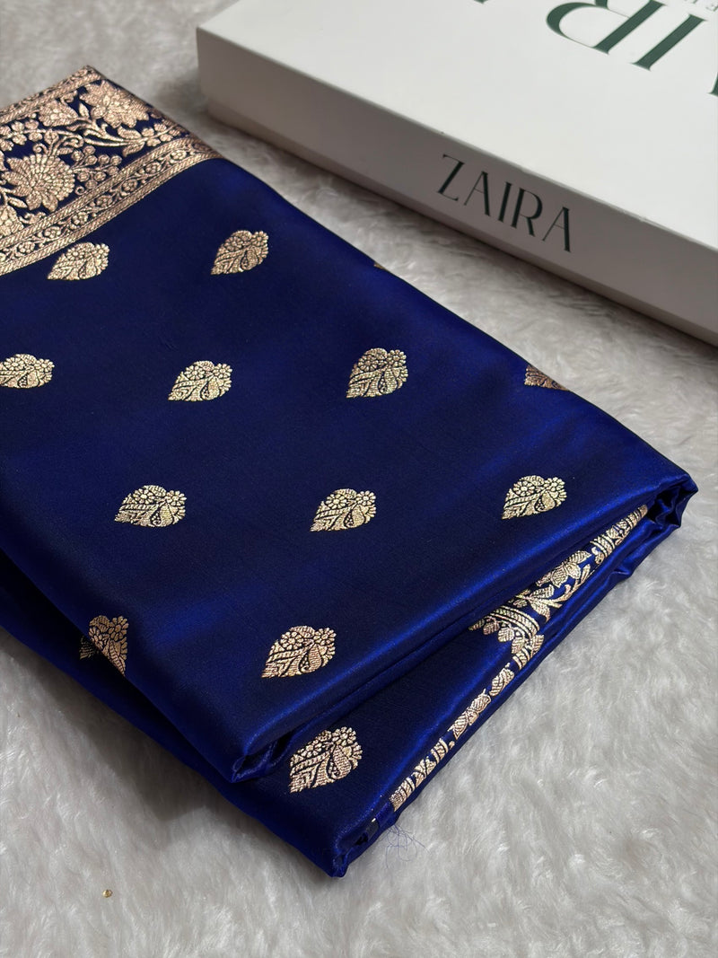 Royal Blue Shades Booti Pattern Banarasi Satin Silk Saree SS58