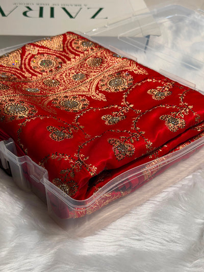 Satin Silk Saree Banarasi Swarovski Work Jaal in Red Shades BSS23 (R)