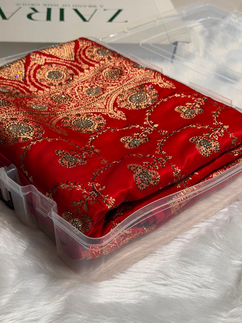 Satin Silk Saree Banarasi Swarovski Work Jaal in Red Shades BSS23 (R)