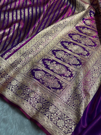 Cross Purple Shades Stripe Pattern Banarasi Satin Silk Saree SS46