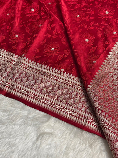 Banarasi Tanchoi Cherry Red Floral Booti Mashru Silk Saree MS59