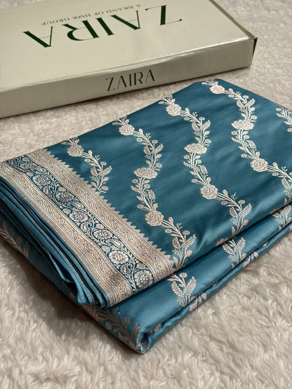 Powder Blue Shades Minakari Border Mashru Silk Saree With Cross Pattern MS03