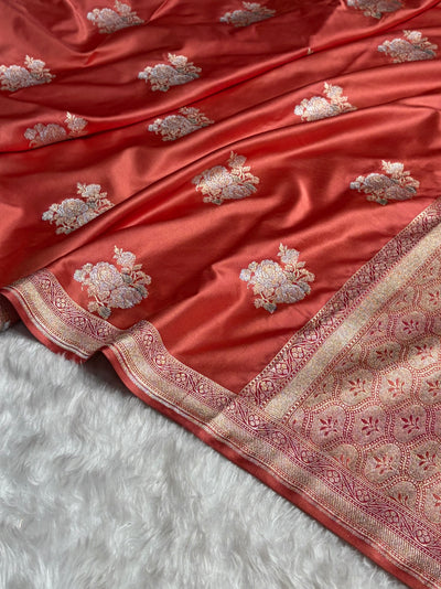 Strawberry Sona Rupa Minakari Floral Motif Mashru Silk Saree MCS50