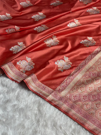 Strawberry Sona Rupa Minakari Floral Motif Mashru Silk Saree MS50