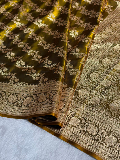 Mehendi Shades Banarasi Satin Silk Saree SS32