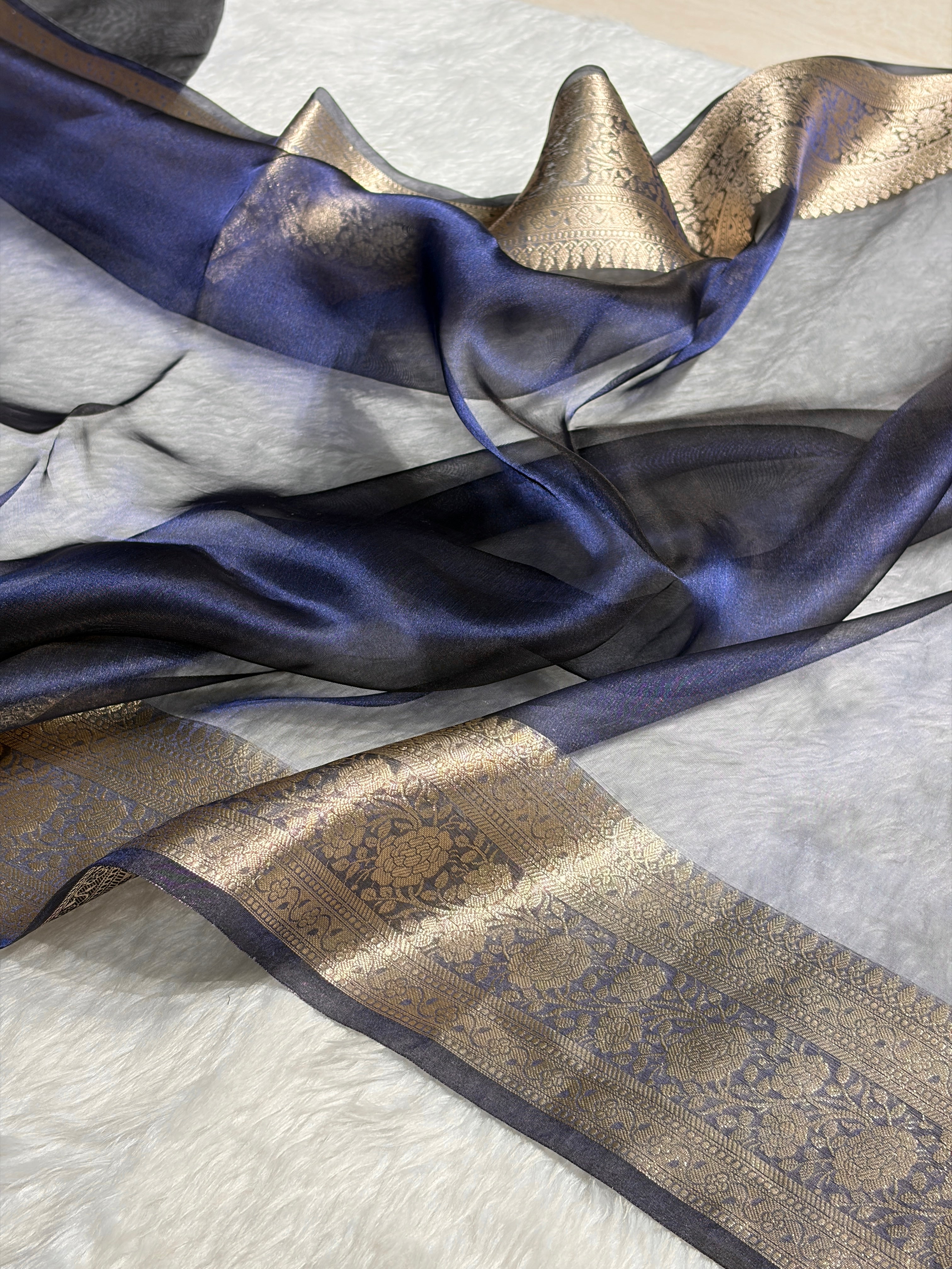 Navy Blue Shades Pure Tissue Silk Saree with Brocade Blouse PT-08