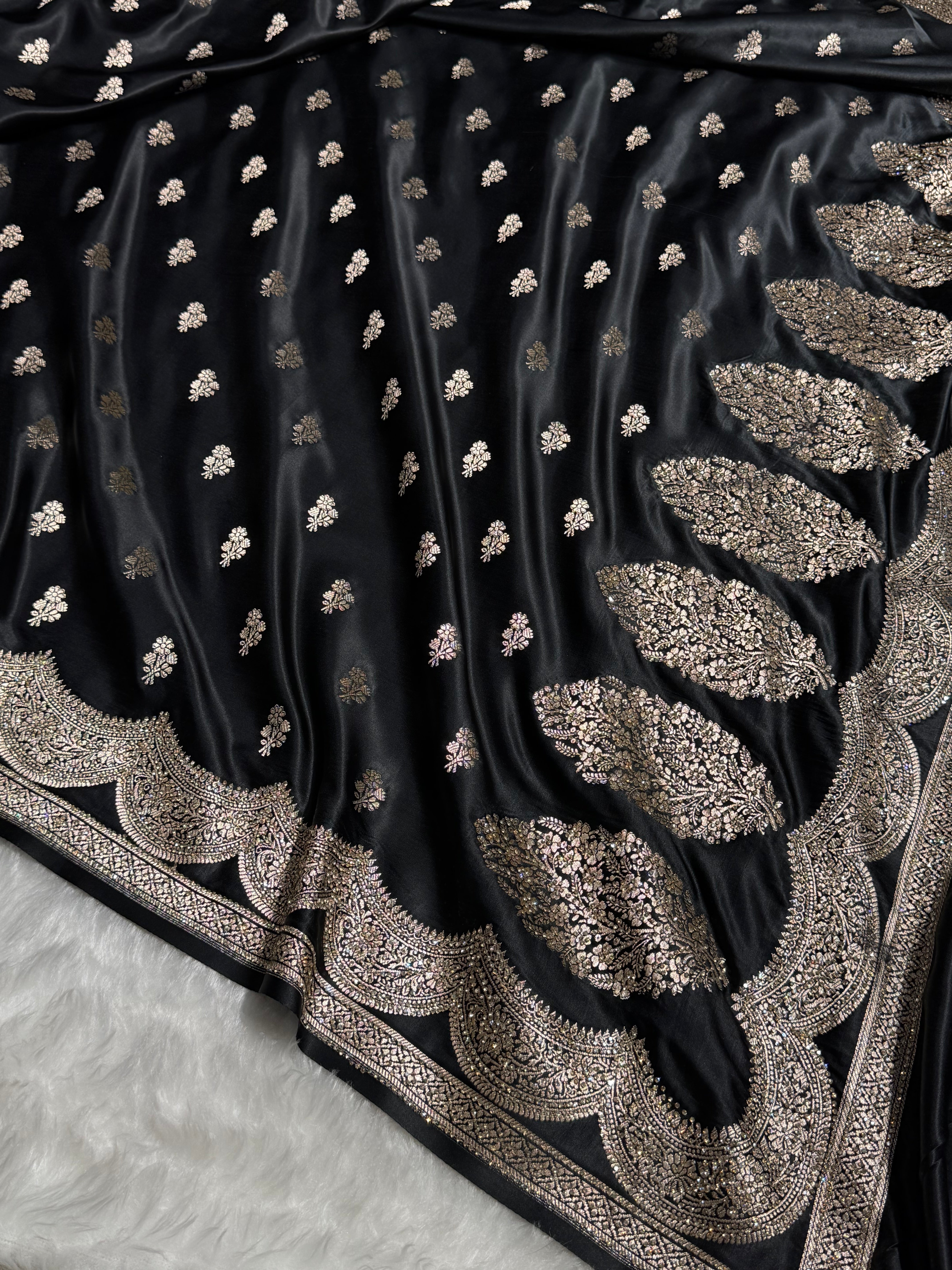 Banarasi Black Scallop Mashru Silk with White Stone Swarovski work BMS02